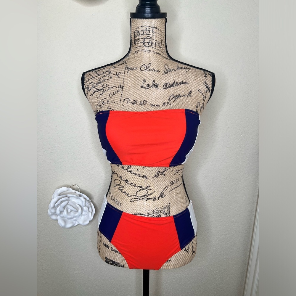 Cupshe Colorblock Bikini Set Orange Blue White Mid Rise Swim Size M - Picture 15 of 16